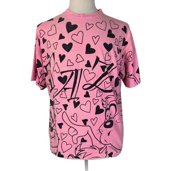 Vintage 1994 Taz Pink Hearts T-Shirt Tasmanian - Picture 1 of 7